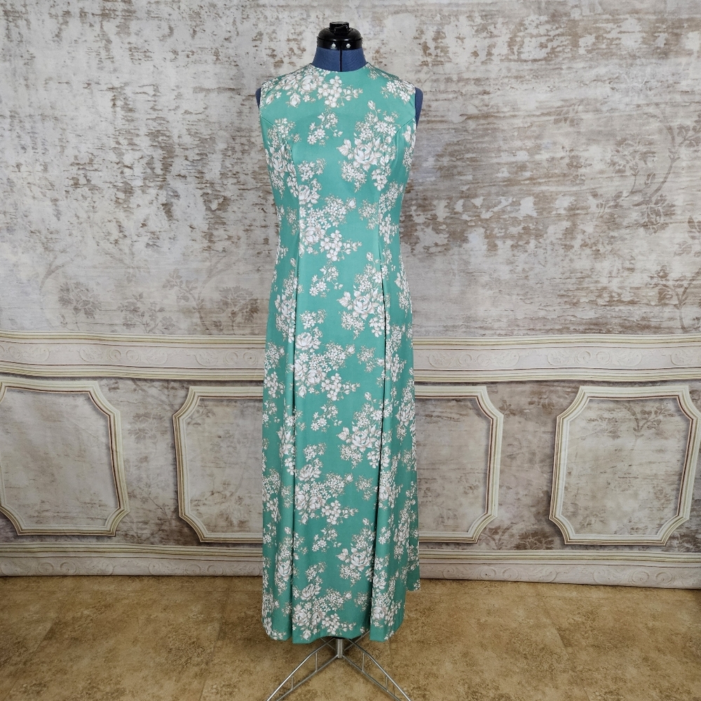 Vintage 1970s M Maxi Dress & Jacket Green Floral Mod Vintage VTG 70s Sleeveless - Picture 9 of 16
